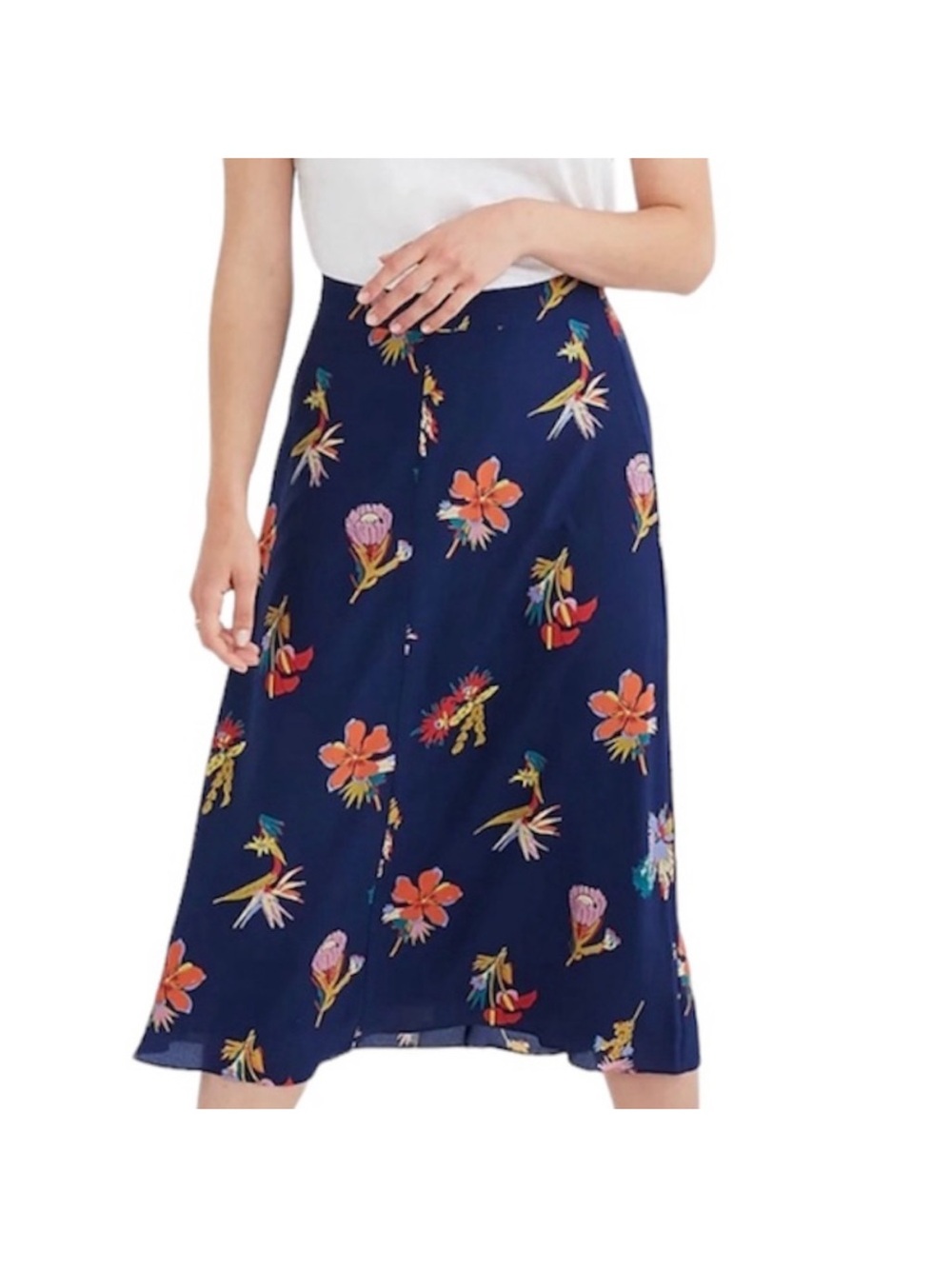 Madewell Navy Floral Midi Skirt with Multicolor Blooms